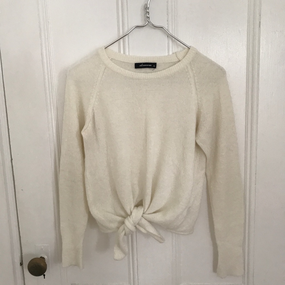 Cream Pullover Tie Front Sweater by Olivaceous
